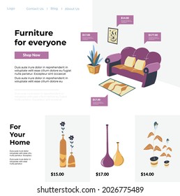 Home interior design and decoration, furniture shops and stores for buyers. Purchasing sofa and rugs, cushions and pictures, vase and flora. Website or webpage template, landing page flat style vector