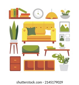 Home interior design elements. furniture collection in cartoon style. Vector illustration.