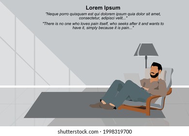 Home interior design with furniture and dummy text banner. Modern living room for work at home, lights and carpet in a flat design. Minimalist style. Vector illustration.