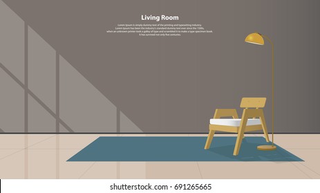 Home interior design with furniture. Modern living room with wood armchair, lamps and carpet in flat design. Minimal style. Vector illustration.