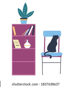 Home interior design, furniture for office or living room. Isolated bookcase with shelves and decorative flower in pot. Cat pet sitting on chair. Scandinavian minimalist dwelling vector in flat