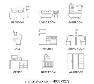 Home interior design icons for bedroom, living room, bathroom, kitchen, dining room, home office, wardrobe, baby room in line style. Vector icons set.