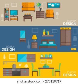 Home interior design for kitchen bed and sitting rooms furnishing flat banners set abstract isolated vector illustration