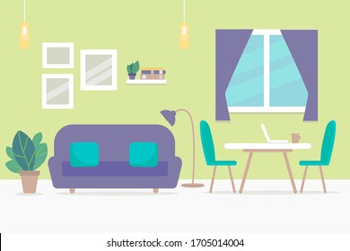 Home interior. Interior design of a living room for web site, print, poster, presentation, infographic. Flat design illustration.