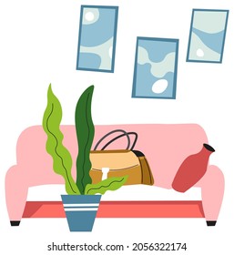 Home interior design of living room or waiting hall in office. Couch with table and bag on it, decorative houseplant and abstract pictures on wall. Furniture and adornment. Vector in flat style