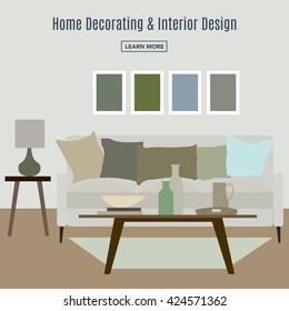 Home interior. Interior design of a living room for web site, print, poster, presentation, infographic. Flat design illustration.