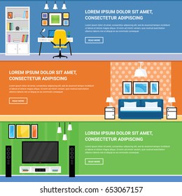 Home Interior Design for Living Room, Bedroom and Home Office Furnishing Banners Set in a Flat Design