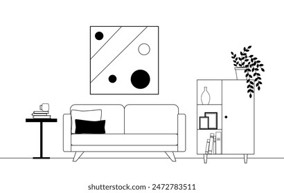 Home interior design of modern living room. Room interior with furniture in line art style.  