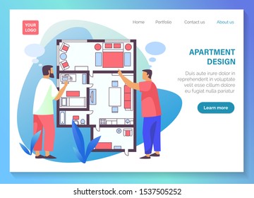 Home interior design service, landing page template and website banner, vector flat graphic. House apartments design, home architect designer planing, rooms furniture and interior decoration