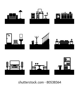 Home Interior Design Silhouette Icons, Easily Editable For Color Change