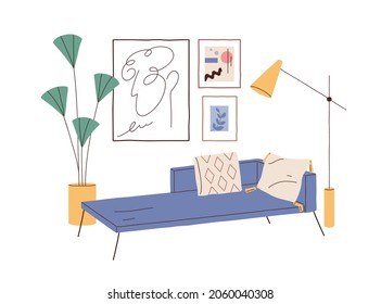 Home interior design with sofa, cushions, wall art, house plant and floor lamp in 50s retro style. Trendy living room with couch, posters, decor. Flat vector illustration isolated on white background