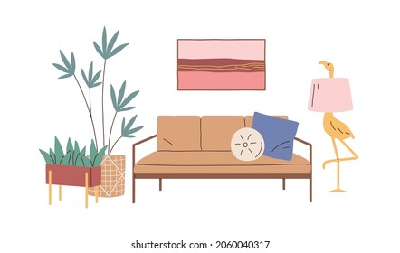 Home interior design with sofa, cushions, wall picture, potted house plants and floor lamp in retro style. Living room with couch and decor. Flat vector illustration isolated on white background