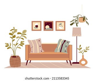 Inneneinrichtung mit Sofa, Kissen, Topfpflanzen, Teppichboden und Wandkunst im böhmischen Stil. Gemütliches Wohnzimmer mit modernem Mobiliar und Dekor. Vektorgrafik einzeln auf weißem Hintergrund