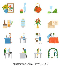 Home interior design and special events decoration flat icons set with wedding reception cake isolated vector illustration  