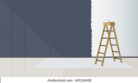 Home interior design. The stairs are placed in the middle of the living room the wall was not finished painting. Flat design. Minimal style. Vector illustration.