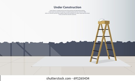 Home interior design. The stairs are placed in the middle of the living room the wall was not finished painting. Flat design. Minimal style. Vector illustration.