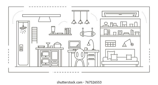 Home Interior Design in Thin Line Style. Collection includes sofa, working space, shower, kitchen corner and bookshelf. Furnished one-bedroom studio apartment. Flat vector illustration. 