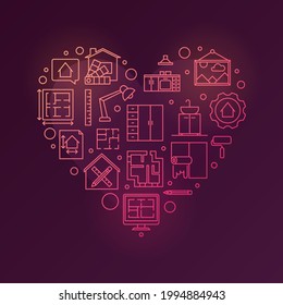 Home Interior Design vector concept linear red heart shaped illustration or banner