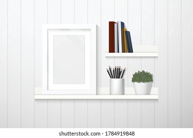 Diseño de interiores Ilustración vectorial, marco, libros y decoraciones en el estante de la pared de plancha blanca, infografía de muebles. 
