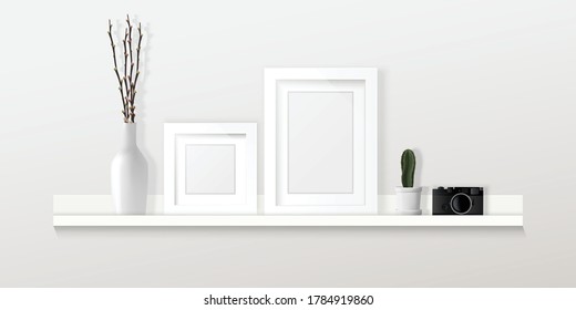Home interior design Vector illustration, frames, camera and decorations on shelf on white wall, furniture infographic. 