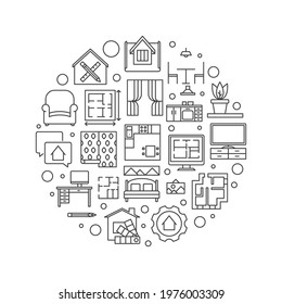 Home Interior Design vector round concept simple outline illustration or banner