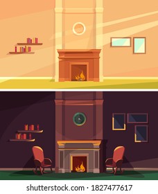 Home interior at different times of day. Living room with fireplace.