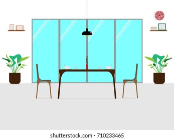 Home interior of a Dining room with glass doors and full  furniture, Flat Scene Design Interior,Flat design illustration.