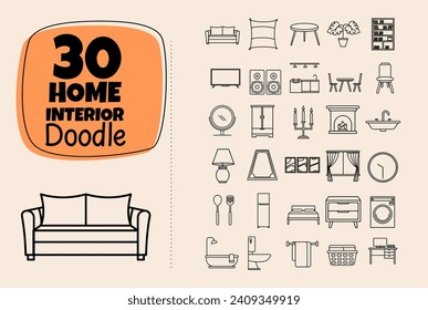 Ilustración de conjunto de vectores de dibujo de Doodle interior para el hogar