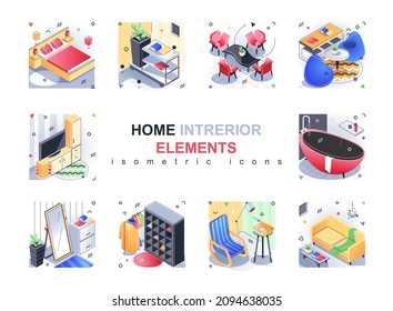 Home interior elements isometric icons set. Furniture, decor and furnishings for bedroom, living room, bathroom, dining and other rooms 3d isometry isolated pack. Vector illustration isometric symbols