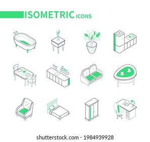 Home interior elements - line isometric icons set on white background. Furniture images. Bathtub, kitchen cabinet, dining, coffee and cooking tables, couch, armchair, bed, wardrobe and workplace