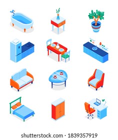 Home interior elements - modern isometric icons set on white background. Furniture images. Bathtub, kitchen cabinet, dining, coffee and cooking tables, couch, armchair, bed, wardrobe and workplace