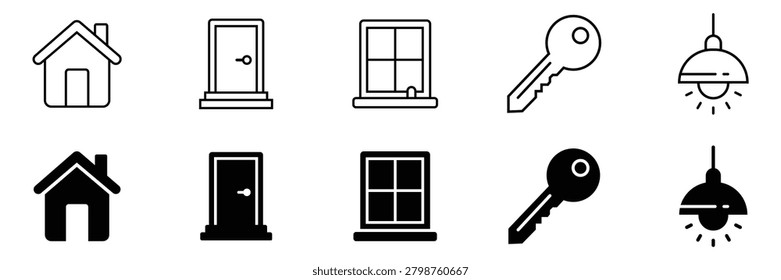 Home interior elements and real estate security icons set featuring outline and solid door window key and hanging lamp
