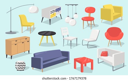 Home interior elements set. Chair, table, couch, lamp, armchairs isolated on pale blue background. Vector illustrations for furniture, living room, modern house concept