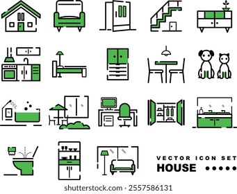 home interior and exterior vector icon set