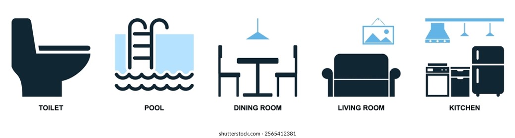 Home Interior and Facilities Icons Set, containing Toilet, Swimming Pool, Dining Room, Living Room, and Kitchen Vector, Real Estate, Hospitality and Architectural Illustrations