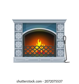 Home interior fireplace with burning fire. Vector traditional indoors chimney of decorative tiling with fire iron and grate. Vintage fireside heating system isolated on white background