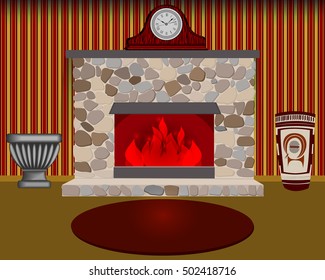 Home interior with fireplace.
Vector illustration.
