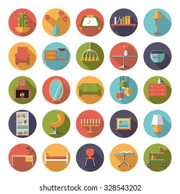 Home Interior Flat Design Long Shadow Round Vector Icons Collection. Set of 25 furniture and home decoration symbols in circles.