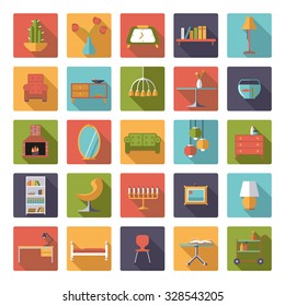 Home Interior Flat Design long shadow Vector Icons Collection. Set of 25 furniture and home decoration symbols in rounded squares, 