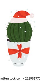 Home interior flat icon Christmas cacti with Santa Claus hat