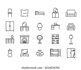 Home interior flat icon set. Chair, cabinet, bed, lamp and other pictograms for web. Line stroke. Isolated on white background. Outline vector eps10