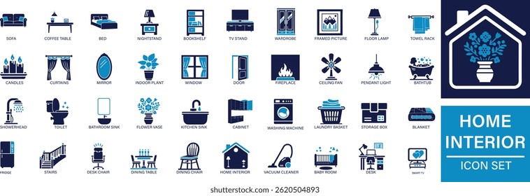 Home Interior Flat Icon Set Furniture, and Room Essentials.
