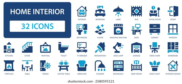 Home interior flat icons collection. Decoration, furniture, renovation, apartment, room, bathroom, house, kitchen, living, desk, sofa, chair sign set.