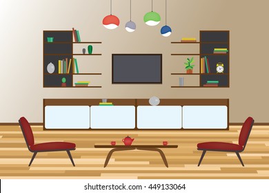 Home Interior flat vector design. Living and dining room with furniture.