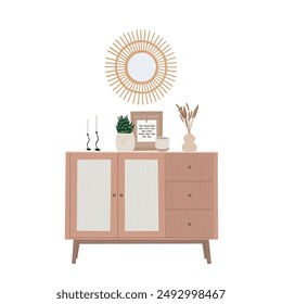 Home interior furniture and decor. Commode, mirror, plants in vases, candles. Modern bedroom design in Scandinavian style. Hand drawn vector design