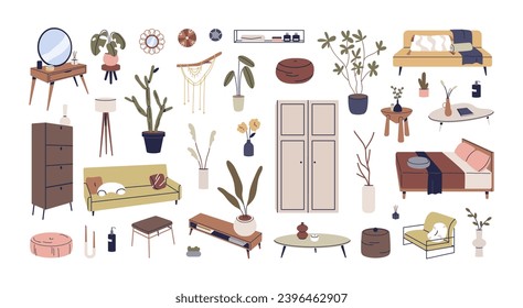 Home interior furniture and decor set. Sofa, couch, bed, house plants, flowers in vases, coffee tables, decorations for modern retro room design. Flat vector illustrations isolated on white background