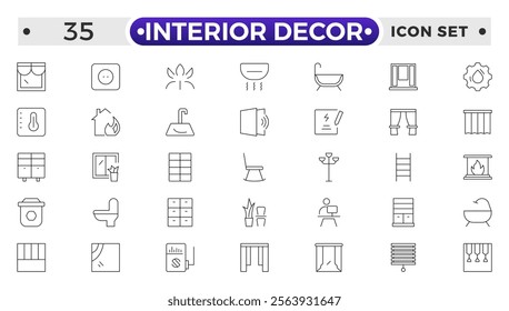 Home interior and furniture elements - thin line web icon set. Outline icons of kitchen, living room, bedroom and office collection. Simple vector illustration.
