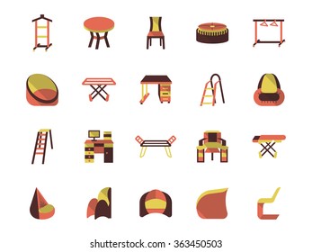 Home interior. Furniture for kitchen, living room, cabinet, laundry. Flat color style vector icons set. Design elements for website, mobile and business. 