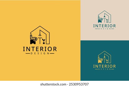 Home Interior Furniture Logo Design Template, Home Decor Icon Logo With Minimalist Living Room Interior And Lighting.