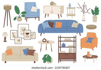 Mobiliario interior y decoración minimalista, sillón, sofá, sofá. El doodle alberga elementos interiores modernos. Conjunto de ilustraciones vectoriales de la acogedora sala de estar